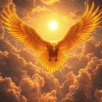 The primary subject of the image is a large, colorful bird with a yellow body and orange wings. The bird is flying through a cloudy sky, with the sun shining brightly in the background. The visual style of the image is a combination of photo and digital art, creating a vibrant and dynamic scene. The colors and mood of the image are warm and inviting, with the bird's vivid colors contrasting beautifully against the soft, cloudy backdrop.